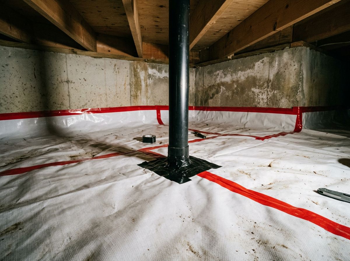 Vapor barrier laid in a residential crawlspace