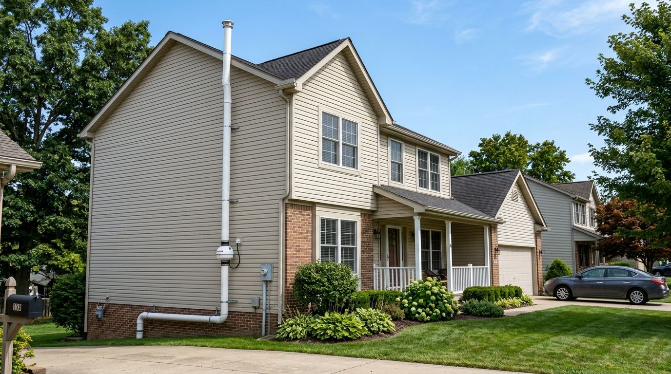 Radon mitigation pipe routed up the side of a Toledo-area home