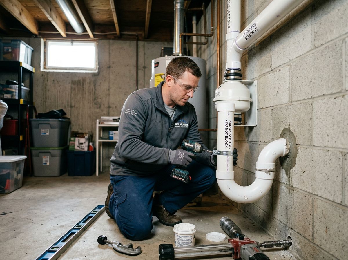 Technician installing a radon mitigation pipe in a basement