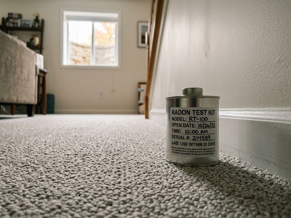 Radon test canister on a finished basement floor